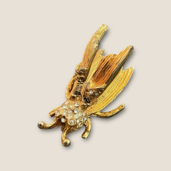 Vintage Hattie Carnegie Rhinestone Bug Bee Insect Trembler Brooch Gold Tone - Picture 3 of 7